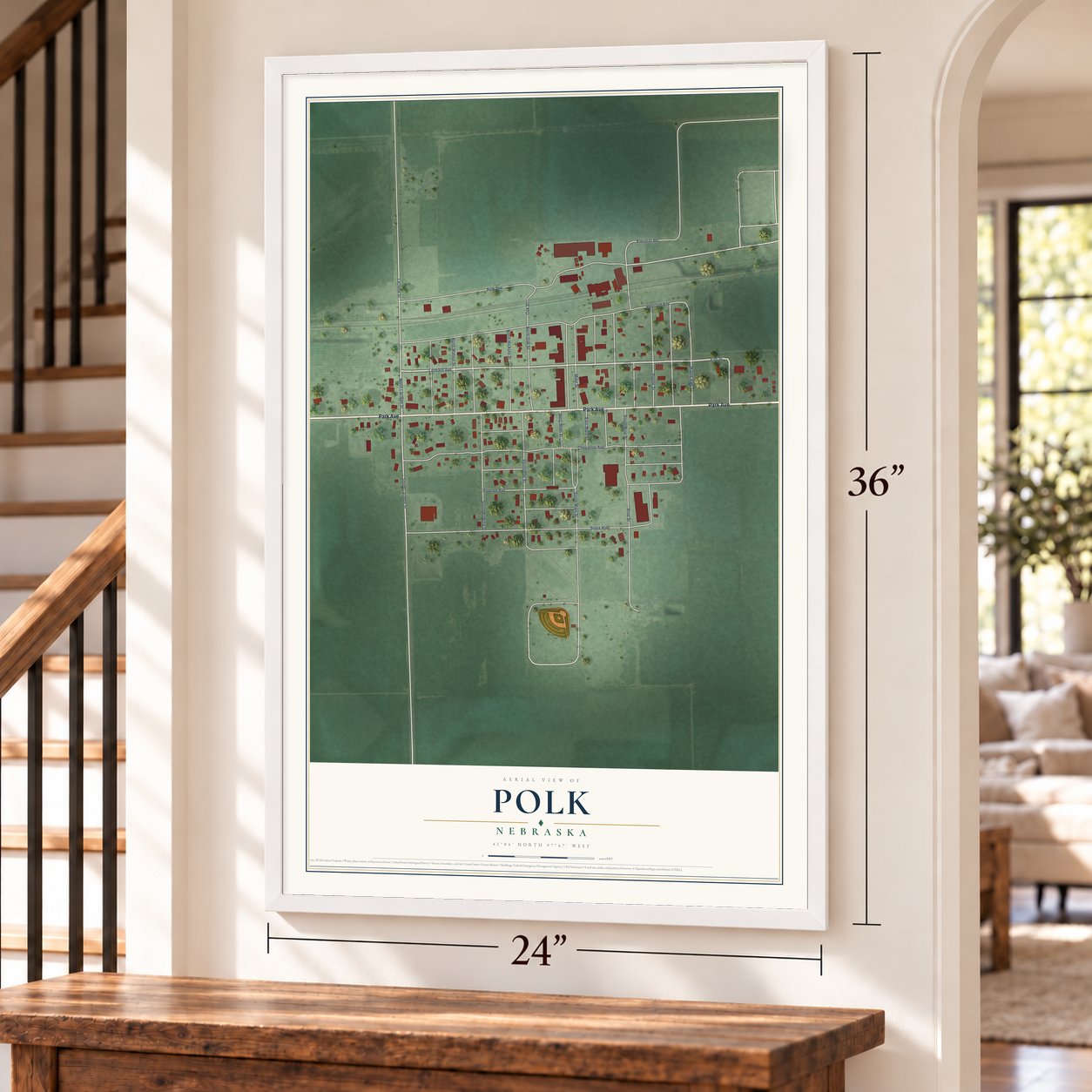 Polk, Nebraska map, 24 x 36 inch print in a white frame by a staircase