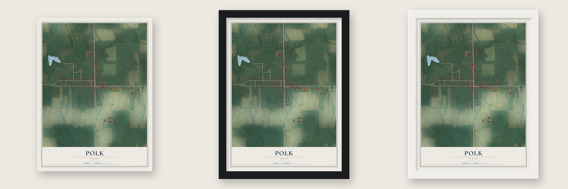 Polk, Ohio map unframed, in a black wood frame and in a white wood frame