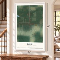 Polk, Ohio map, 24 x 36 inch print in a white frame by a staircase