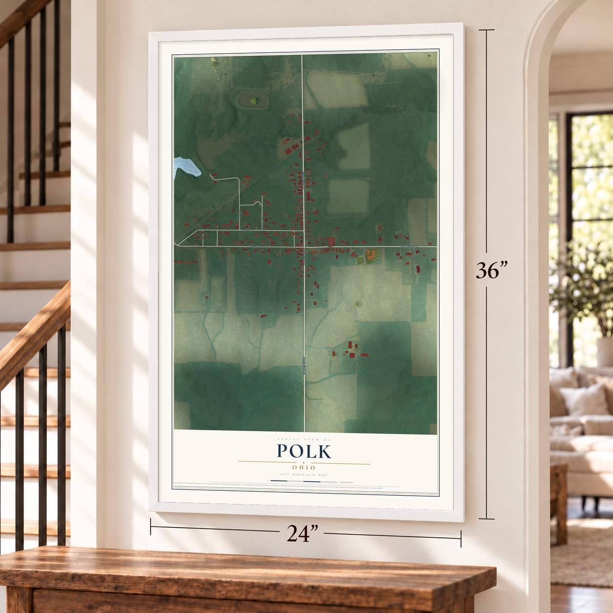 Polk, Ohio map, 24 x 36 inch print in a white frame by a staircase