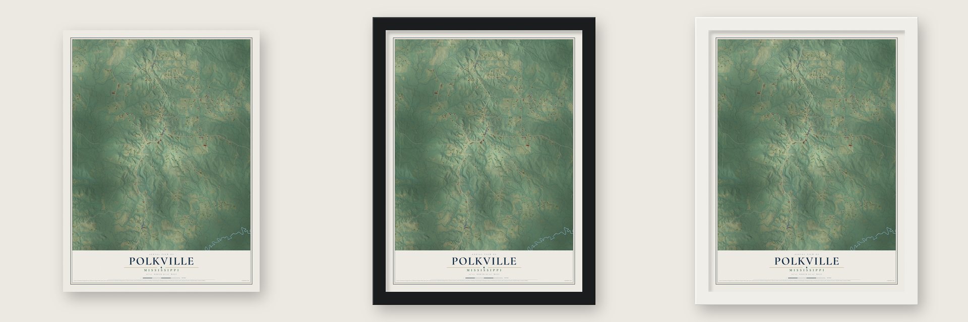 Polkville, Mississippi map unframed, in a black wood frame and in a white wood frame