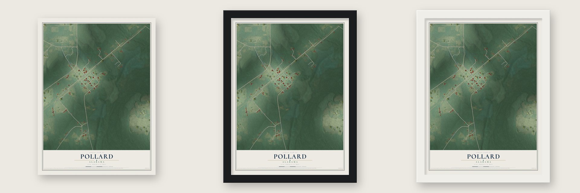 Pollard, Alabama map unframed, in a black wood frame and in a white wood frame