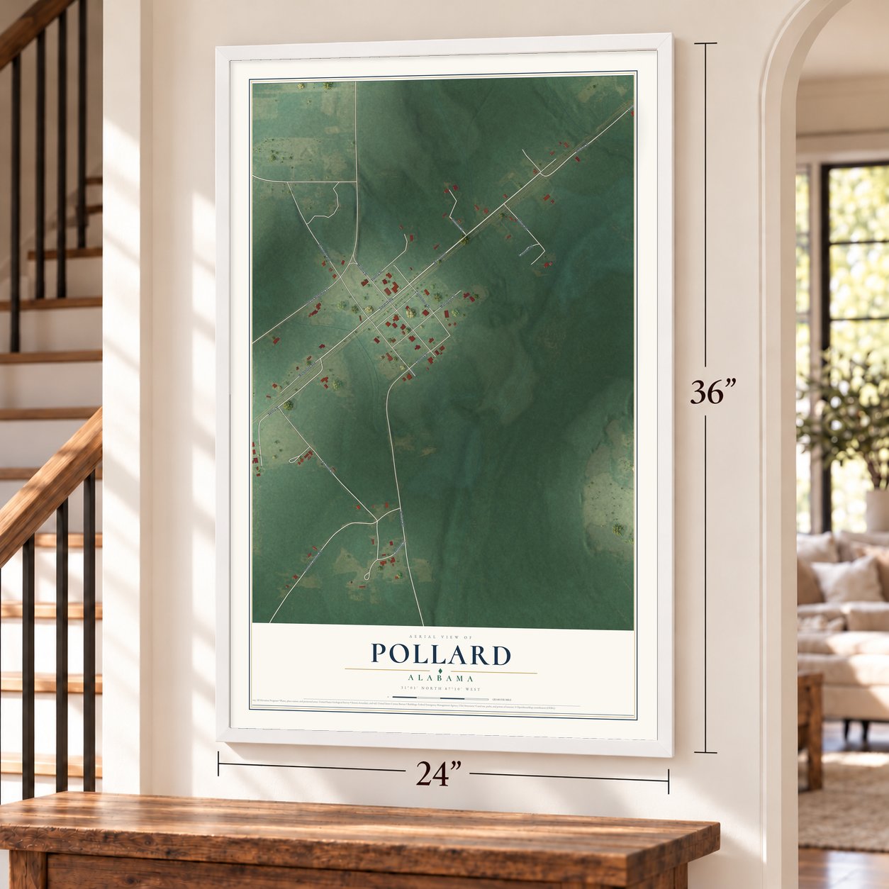 Pollard, Alabama map, 24 x 36 inch print in a white frame by a staircase