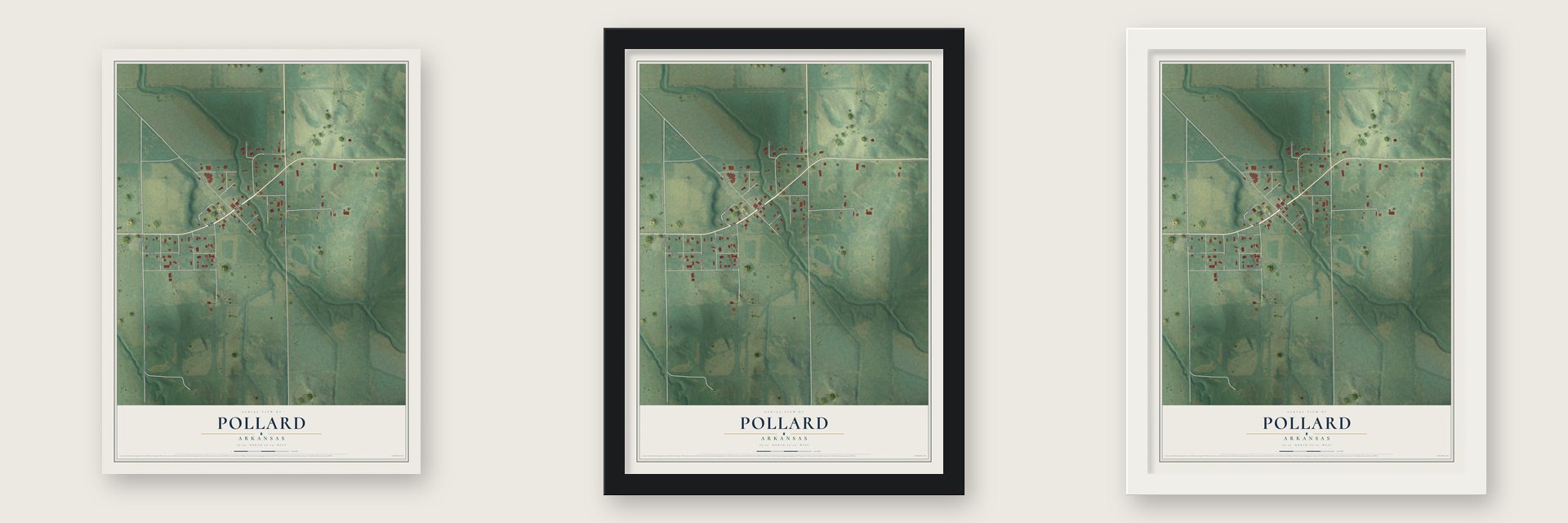 Pollard, Arkansas map unframed, in a black wood frame and in a white wood frame