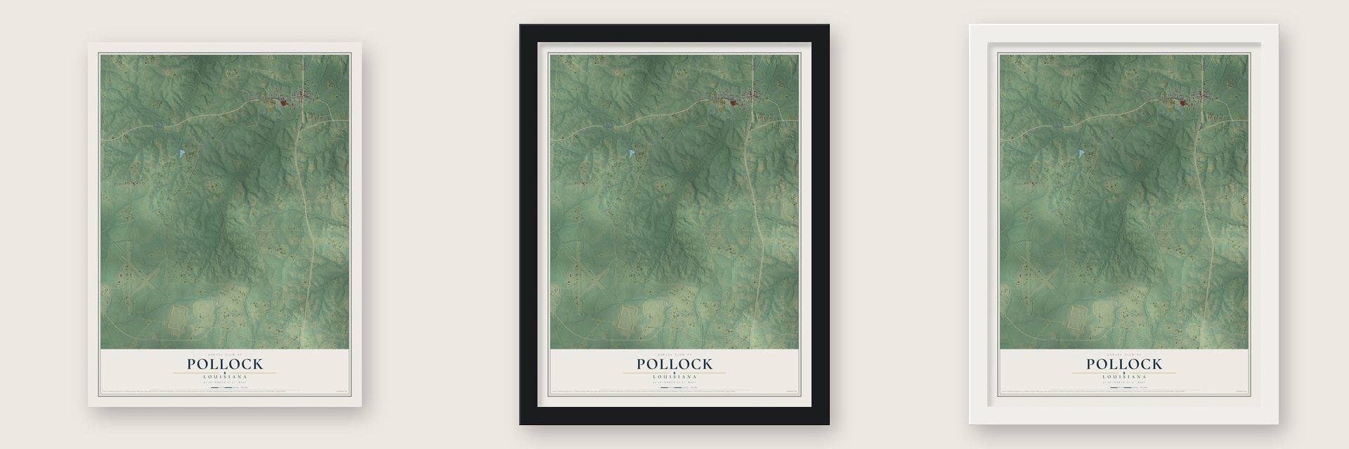 Pollock, Louisiana map unframed, in a black wood frame and in a white wood frame