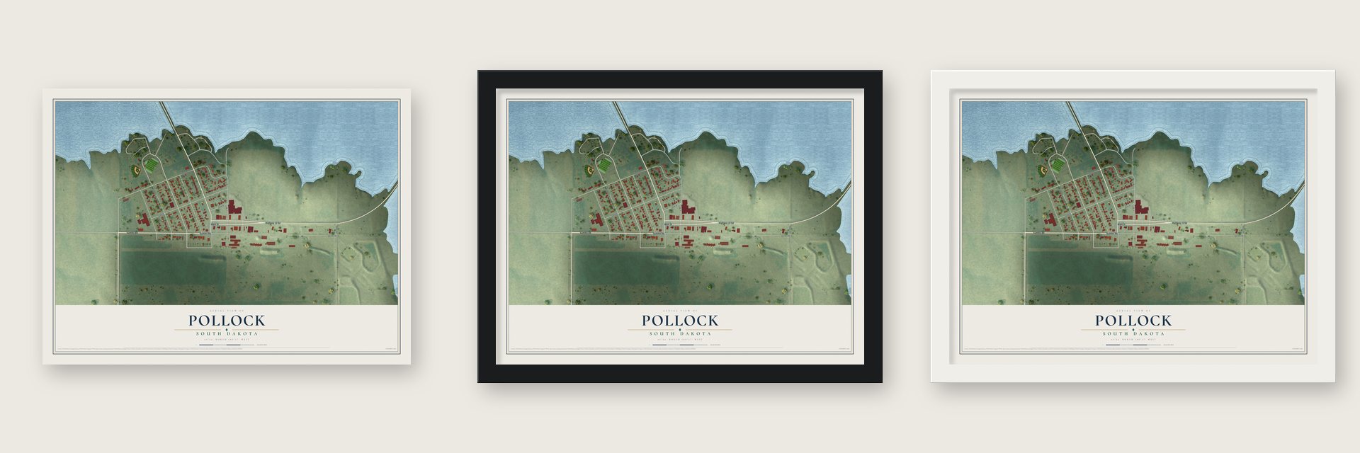 Pollock, South Dakota map unframed, in a black wood frame and in a white wood frame
