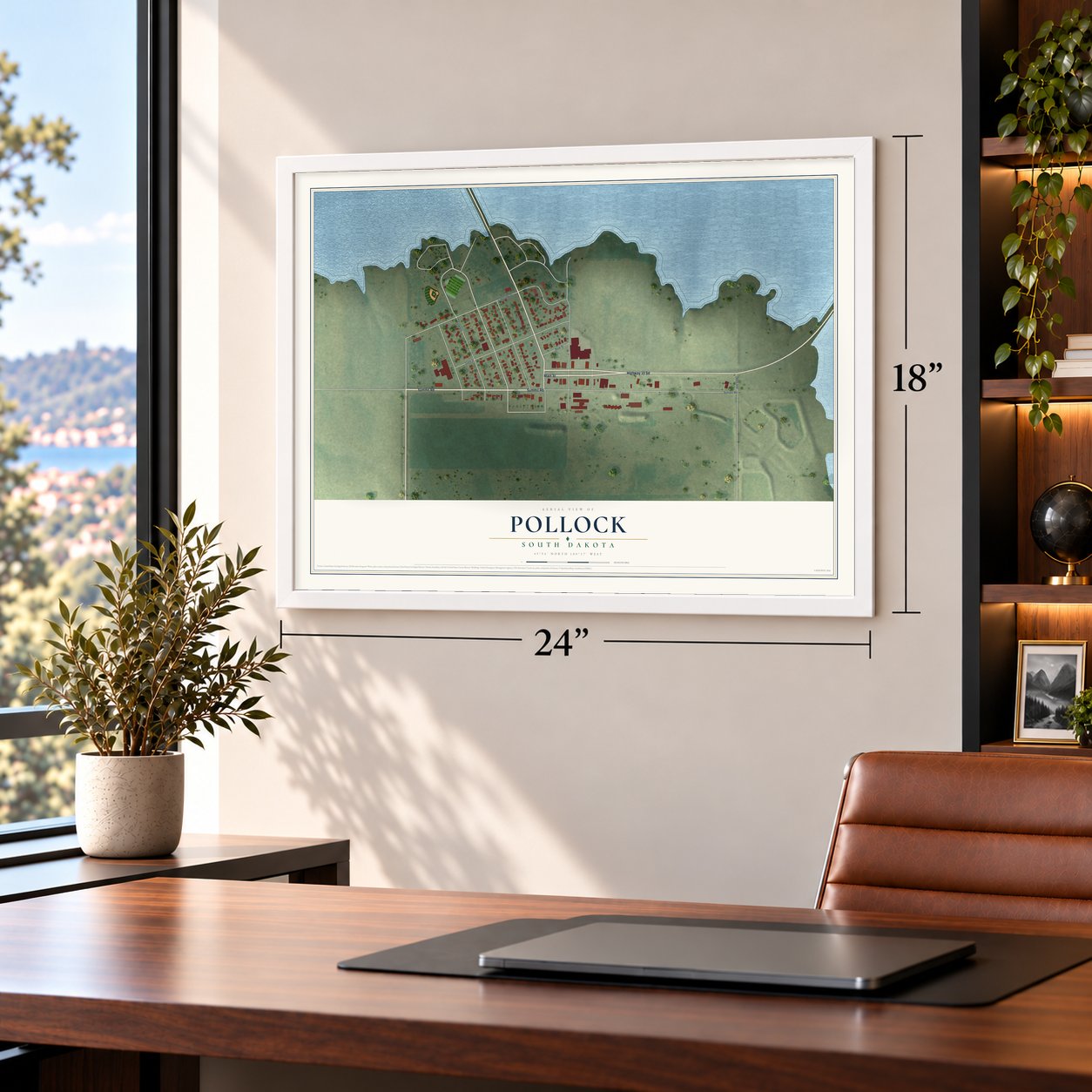 Pollock, South Dakota map, 18 x 24 inch print in a white frame in a home office