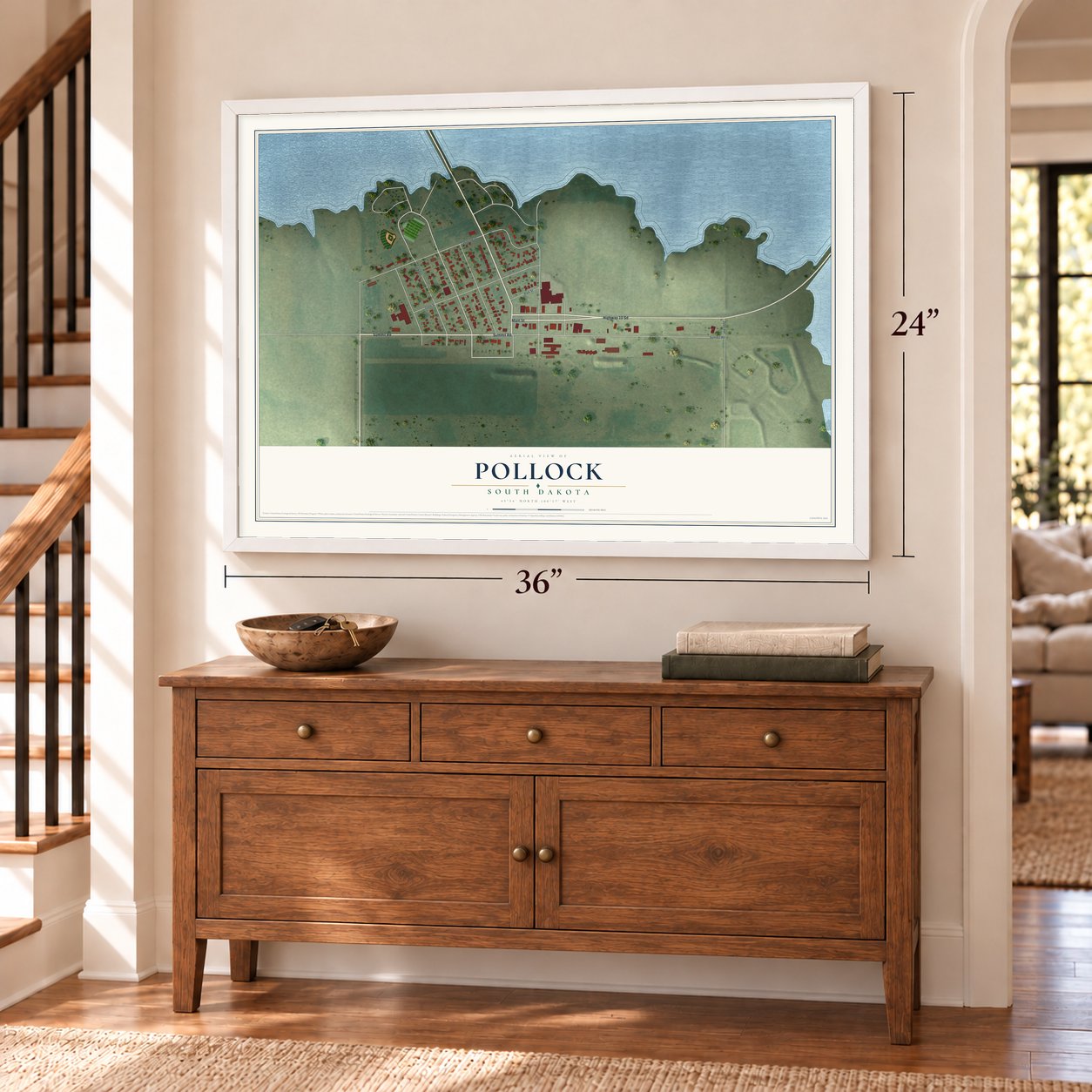 Pollock, South Dakota map, 24 x 36 inch print in a white frame above a dresser by a staircase