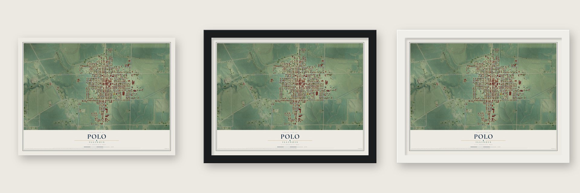 Polo, Illinois map unframed, in a black wood frame and in a white wood frame