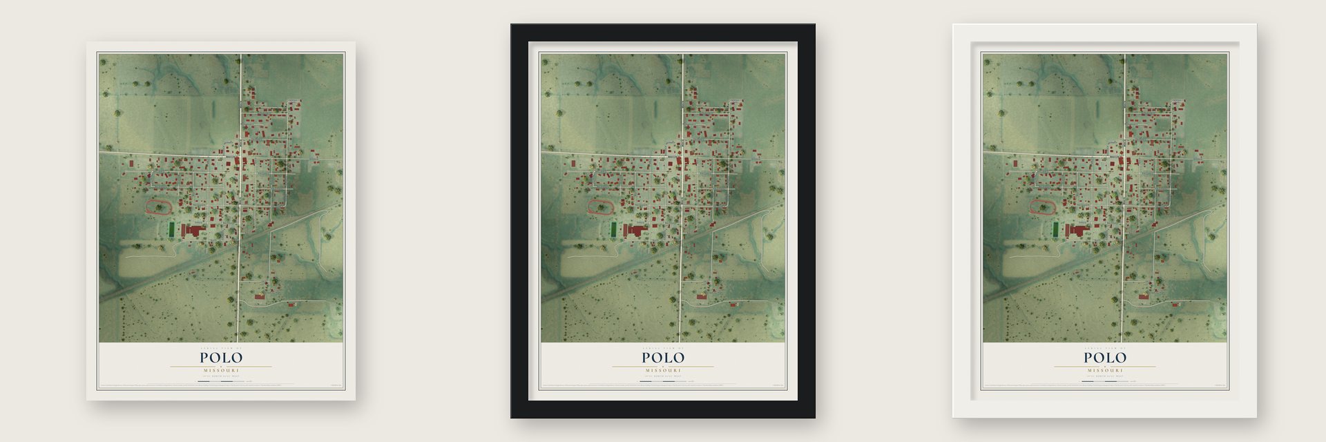 Polo, Missouri map unframed, in a black wood frame and in a white wood frame