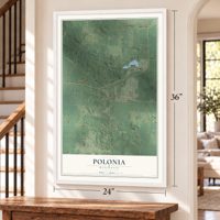 Polonia, Wisconsin map, 24 x 36 inch print in a white frame by a staircase