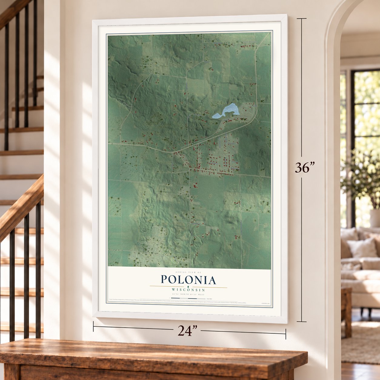 Polonia, Wisconsin map, 24 x 36 inch print in a white frame by a staircase