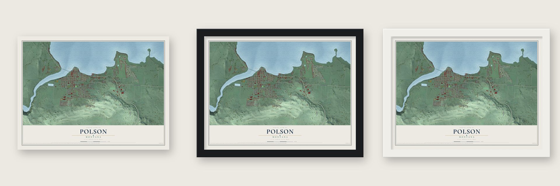 Polson, Montana map unframed, in a black wood frame and in a white wood frame