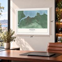 Polson, Montana map, 18 x 24 inch print in a white frame in a home office