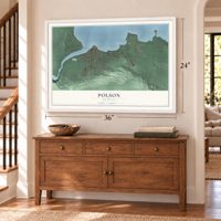 Polson, Montana map, 24 x 36 inch print in a white frame above a dresser by a staircase