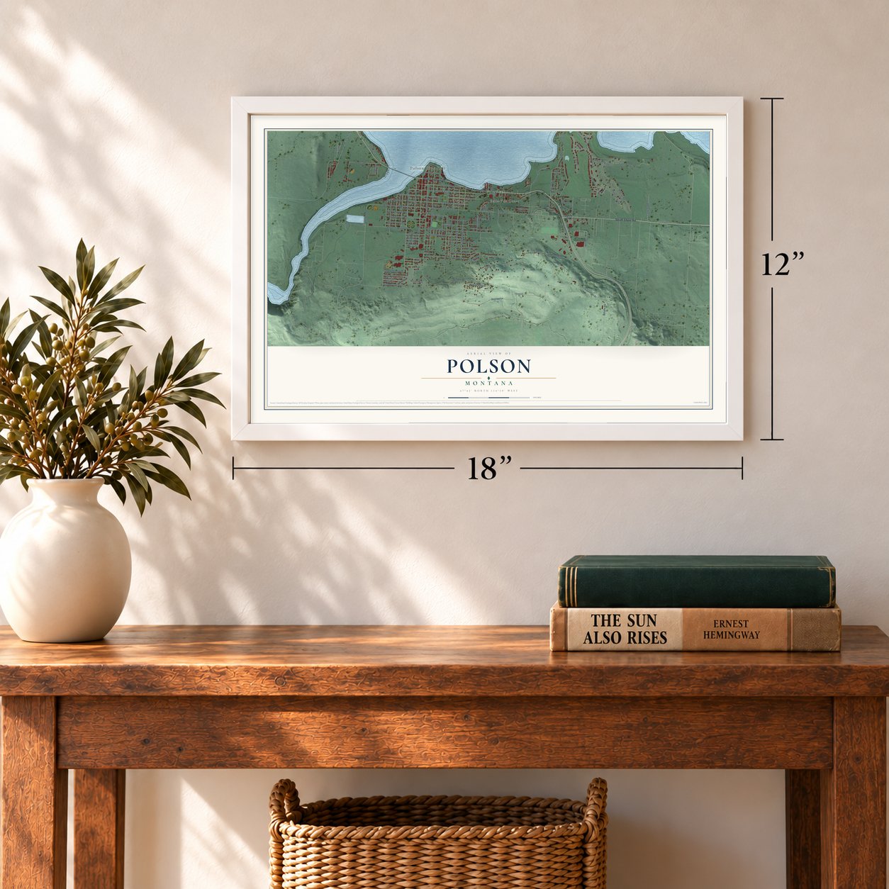 Polson, Montana map, 12 x 18 inch print in a white frame in an entryway