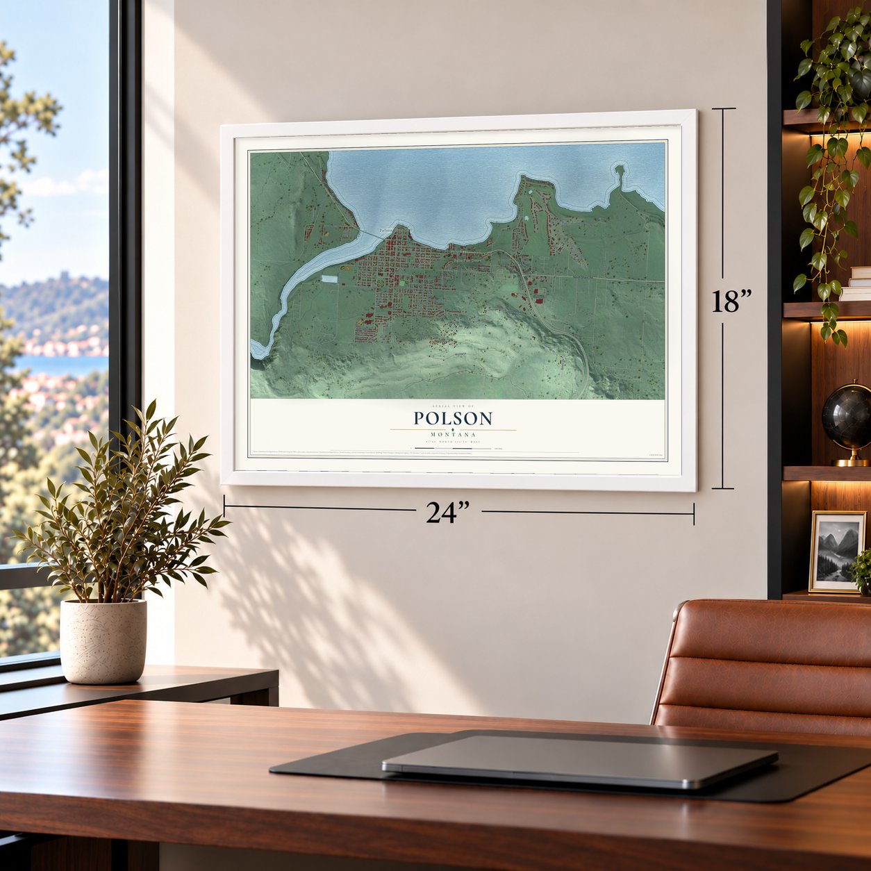 Polson, Montana map, 18 x 24 inch print in a white frame in a home office