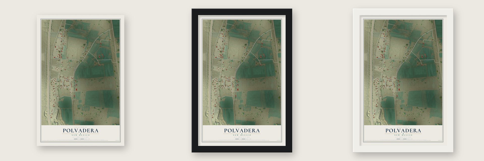 Polvadera, New Mexico map unframed, in a black wood frame and in a white wood frame