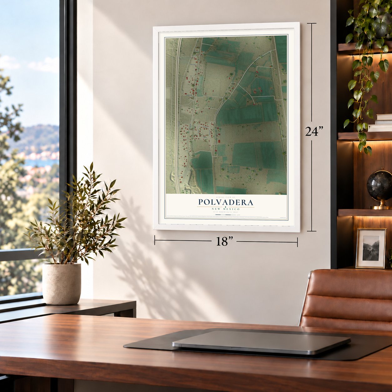 Polvadera, New Mexico map, 18 x 24 inch print in a white frame in a home office