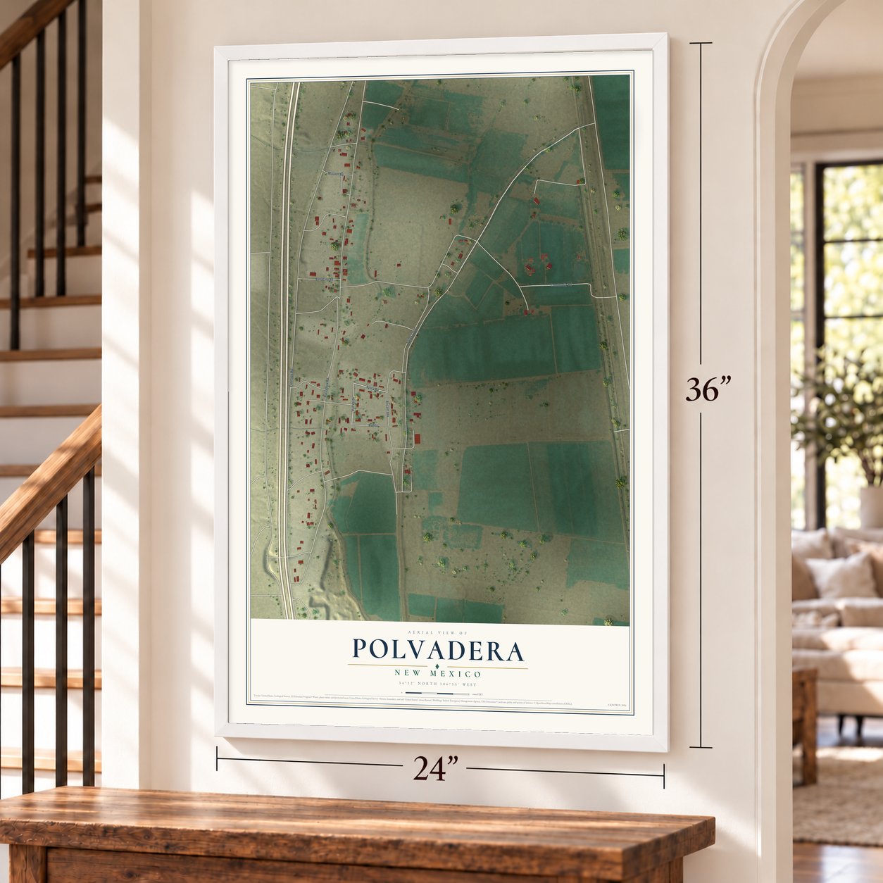 Polvadera, New Mexico map, 24 x 36 inch print in a white frame by a staircase
