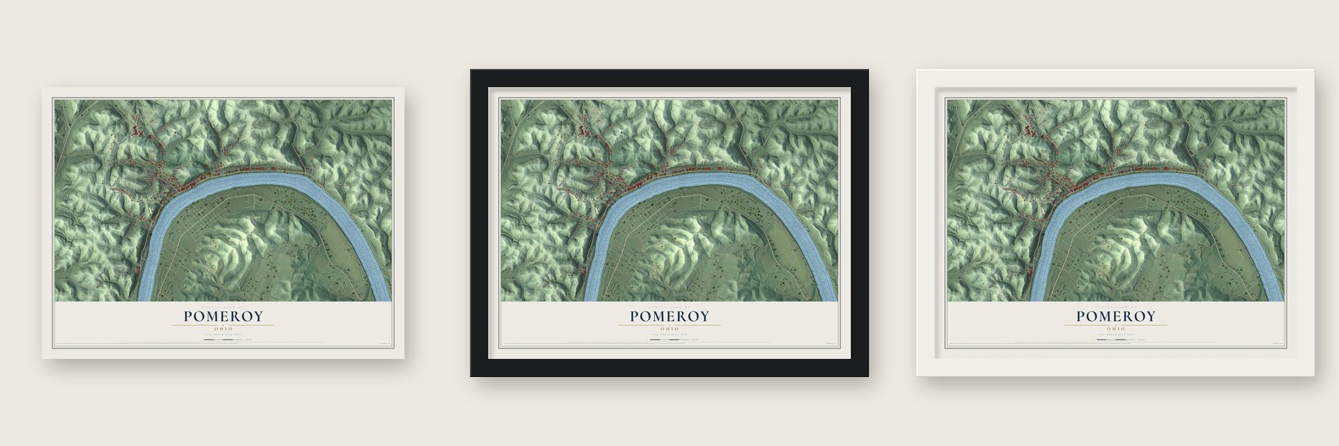 Pomeroy, Ohio map unframed, in a black wood frame and in a white wood frame