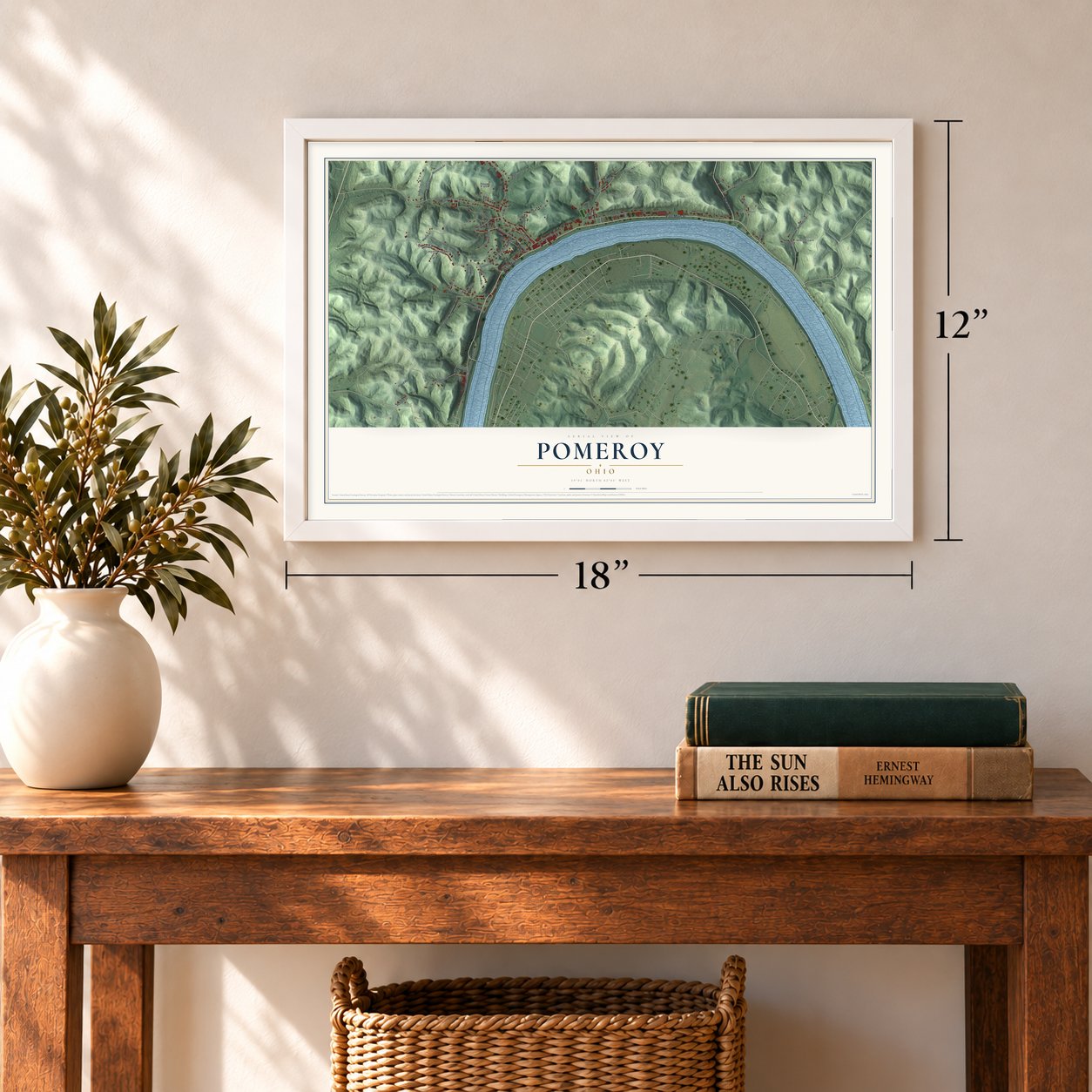 Pomeroy, Ohio map, 12 x 18 inch print in a white frame in an entryway