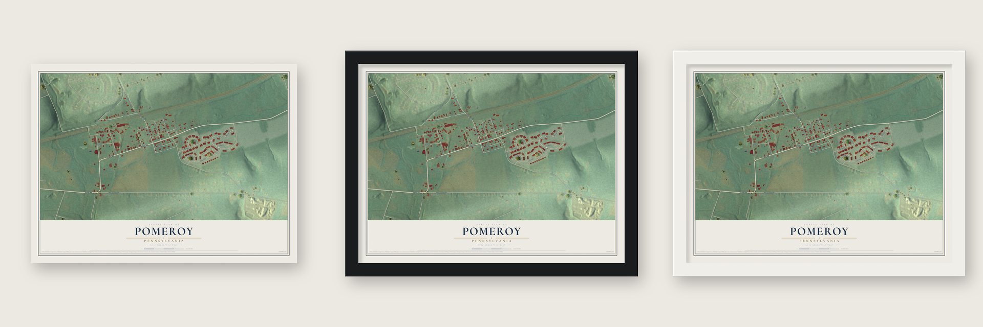 Pomeroy, Pennsylvania map unframed, in a black wood frame and in a white wood frame