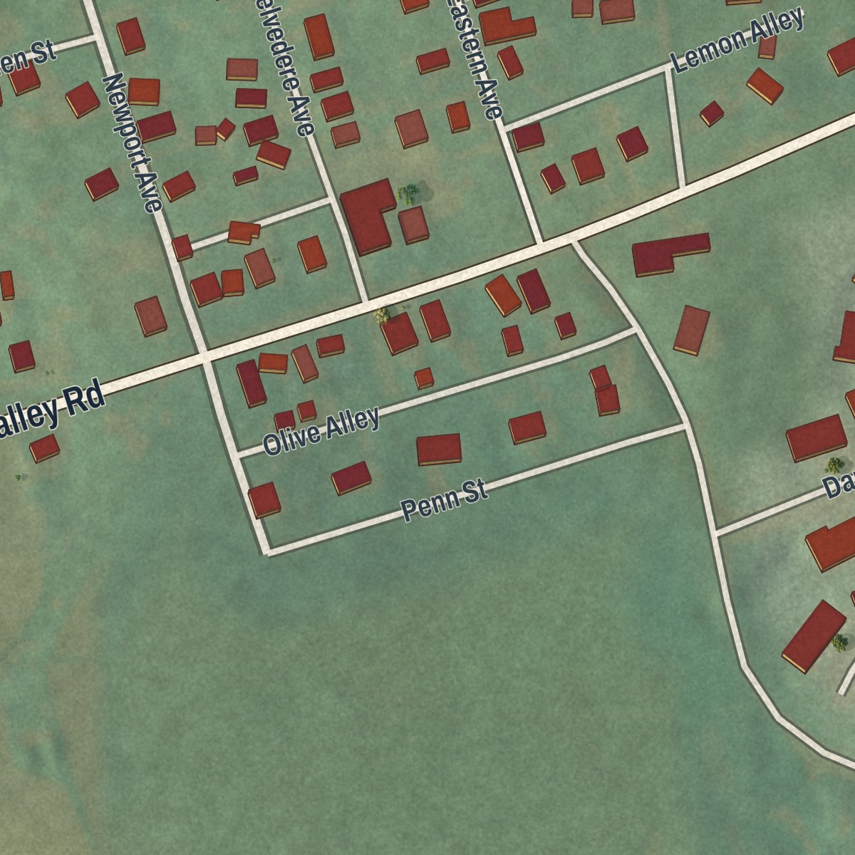 Second close-up of the map of Pomeroy, Pennsylvania print showing more streets and buildings