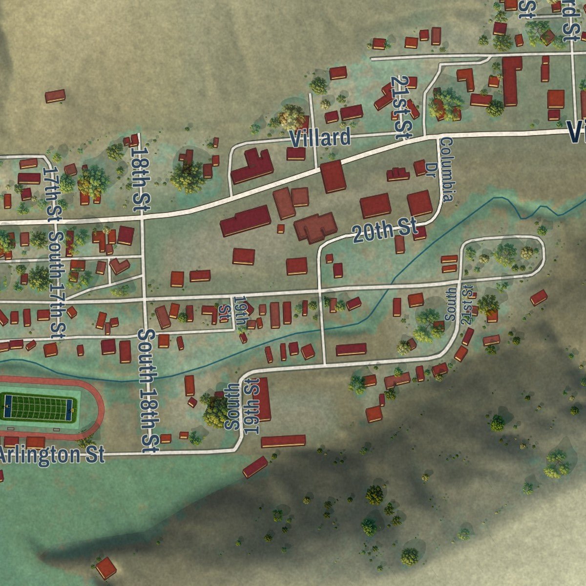 Second close-up of the map of Pomeroy, Washington print showing more streets and buildings