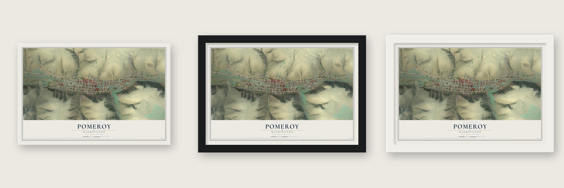 Pomeroy, Washington map unframed, in a black wood frame and in a white wood frame