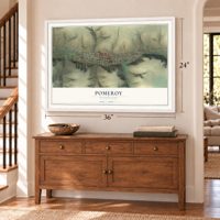 Pomeroy, Washington map, 24 x 36 inch print in a white frame above a dresser by a staircase