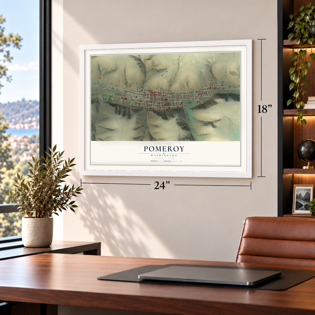 Pomeroy, Washington map, 18 x 24 inch print in a white frame in a home office