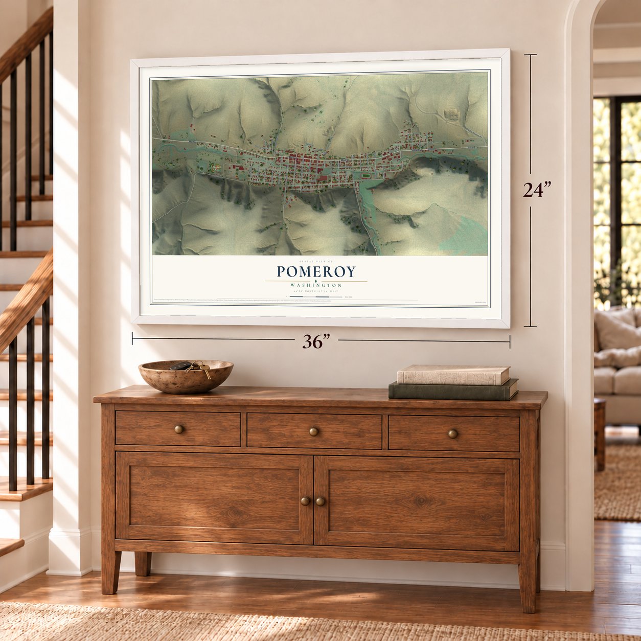 Pomeroy, Washington map, 24 x 36 inch print in a white frame above a dresser by a staircase