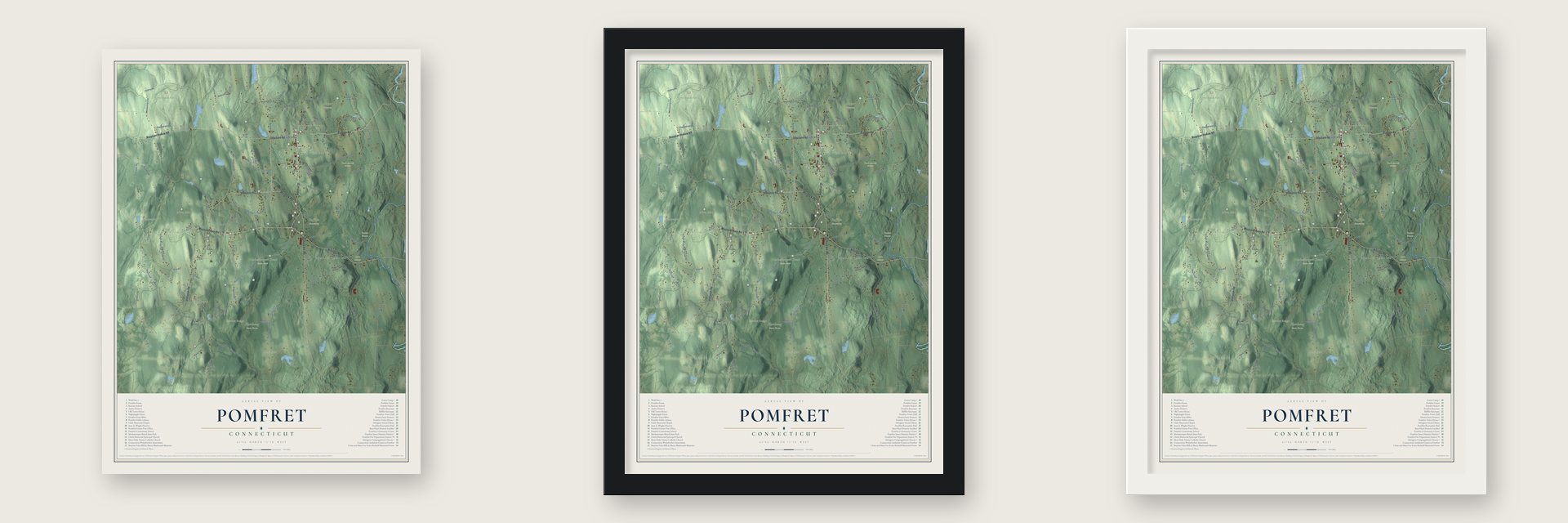 Pomfret, Connecticut map unframed, in a black wood frame and in a white wood frame