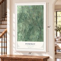 Pomfret, Connecticut map, 24 x 36 inch print in a white frame by a staircase