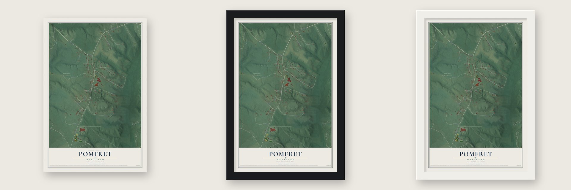 Pomfret, Maryland map unframed, in a black wood frame and in a white wood frame