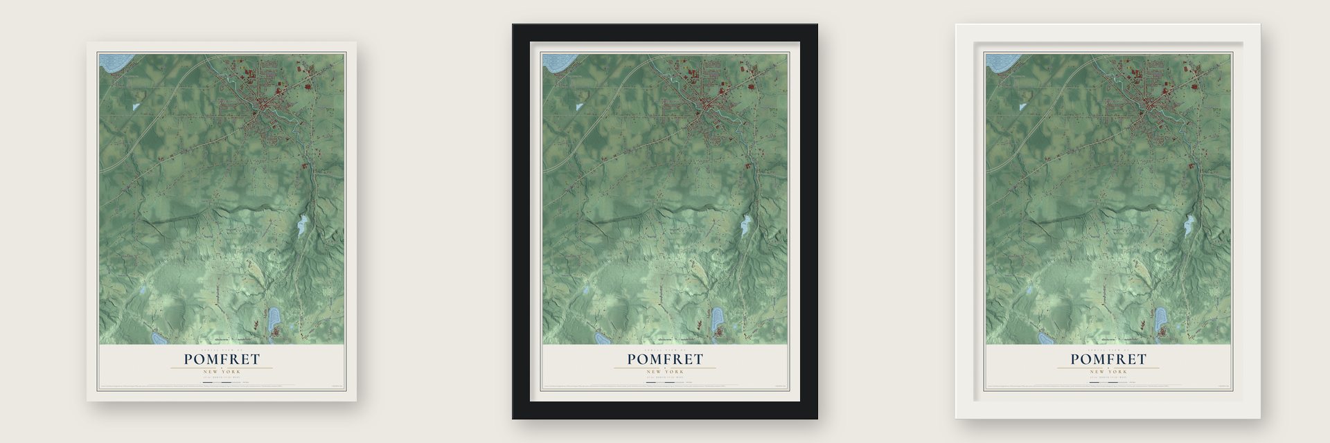 Pomfret, New York map unframed, in a black wood frame and in a white wood frame