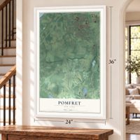 Pomfret, New York map, 24 x 36 inch print in a white frame by a staircase