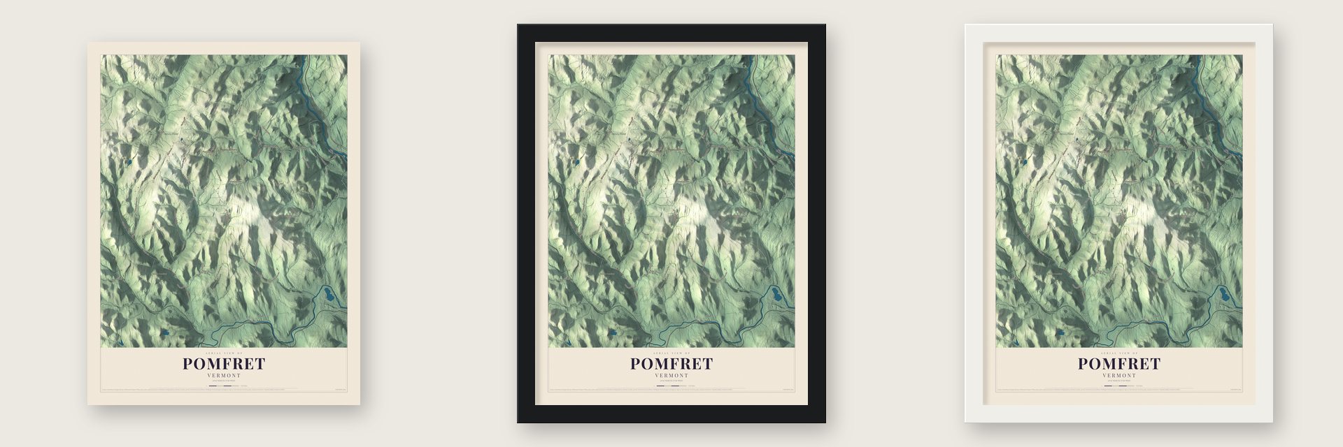 Pomfret, Vermont map unframed, in a black wood frame and in a white wood frame