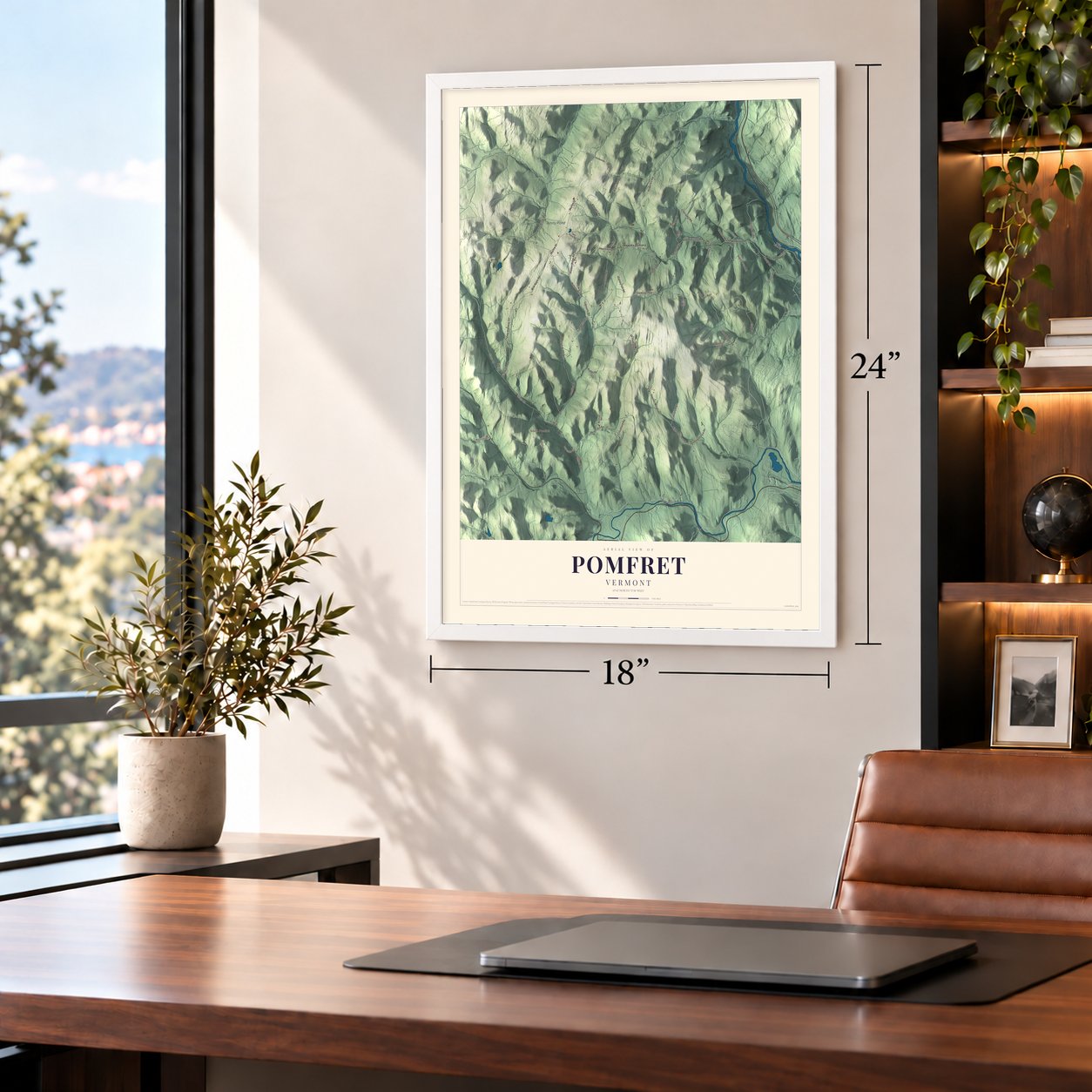 Pomfret, Vermont map, 18 x 24 inch print in a white frame in a home office