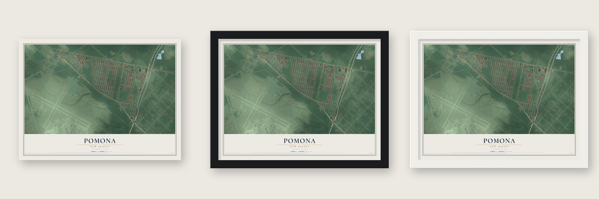 Pomona, New Jersey map unframed, in a black wood frame and in a white wood frame