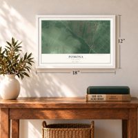 Pomona, New Jersey map, 12 x 18 inch print in a white frame in an entryway