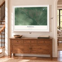 Pomona, New Jersey map, 24 x 36 inch print in a white frame above a dresser by a staircase