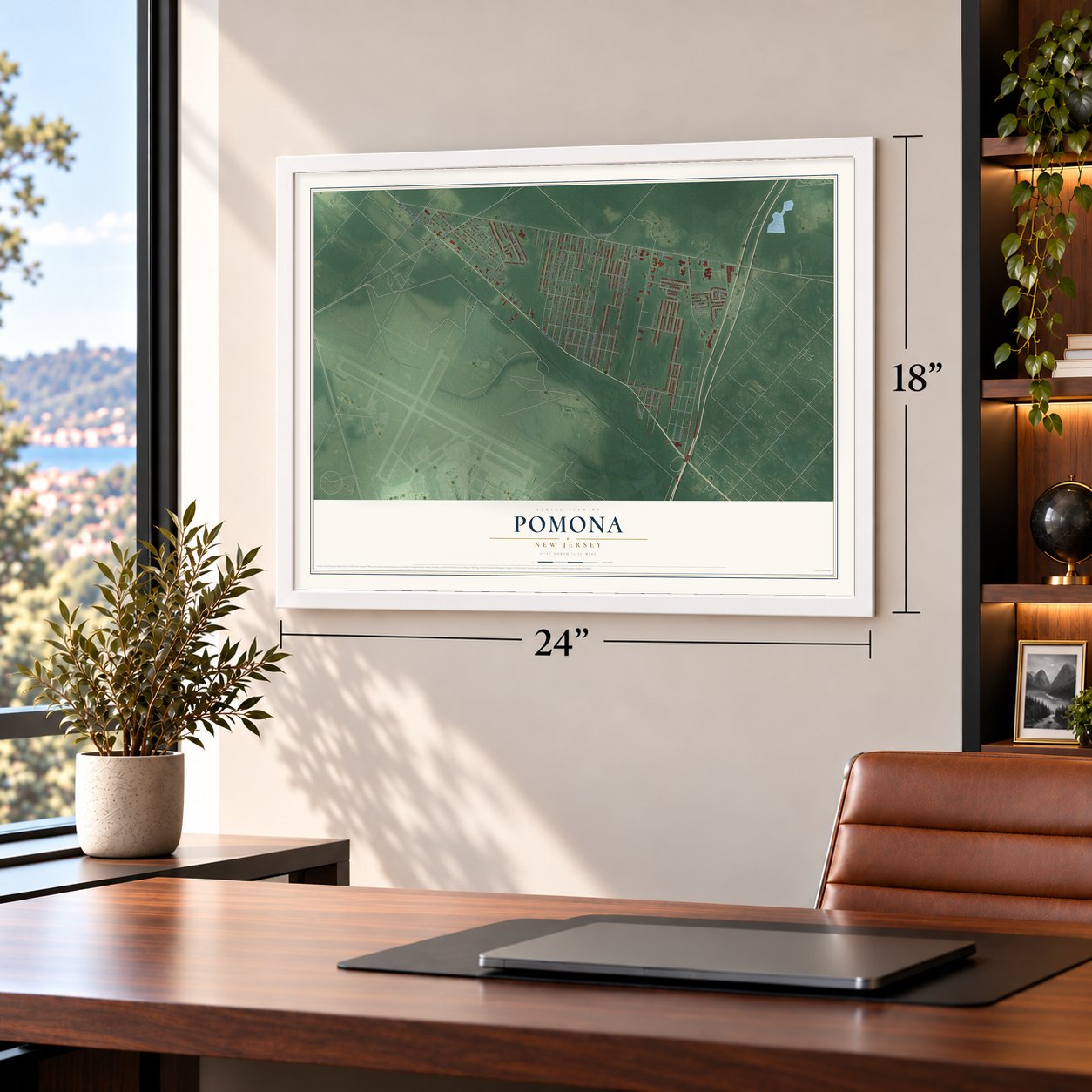 Pomona, New Jersey map, 18 x 24 inch print in a white frame in a home office