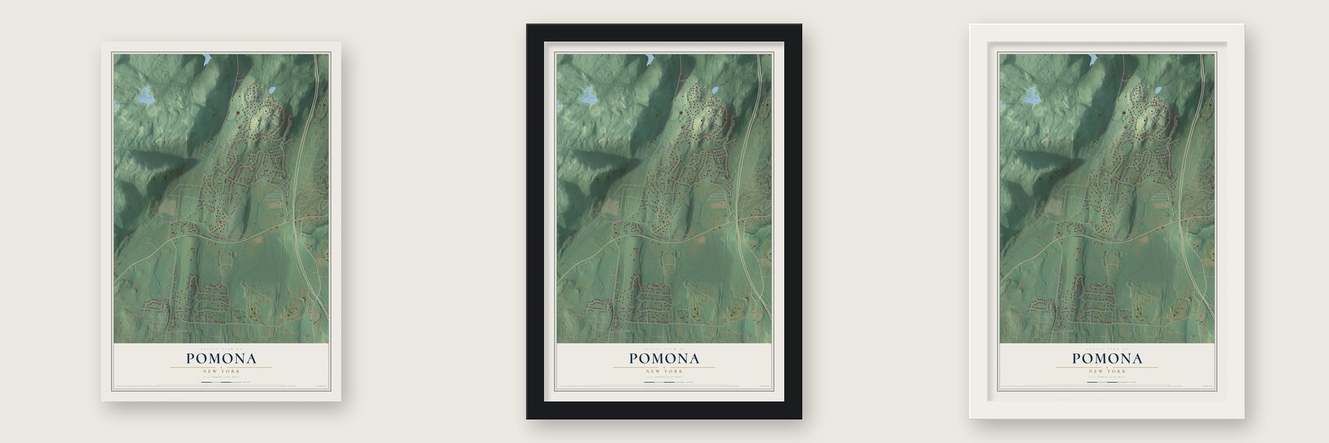 Pomona, New York map unframed, in a black wood frame and in a white wood frame