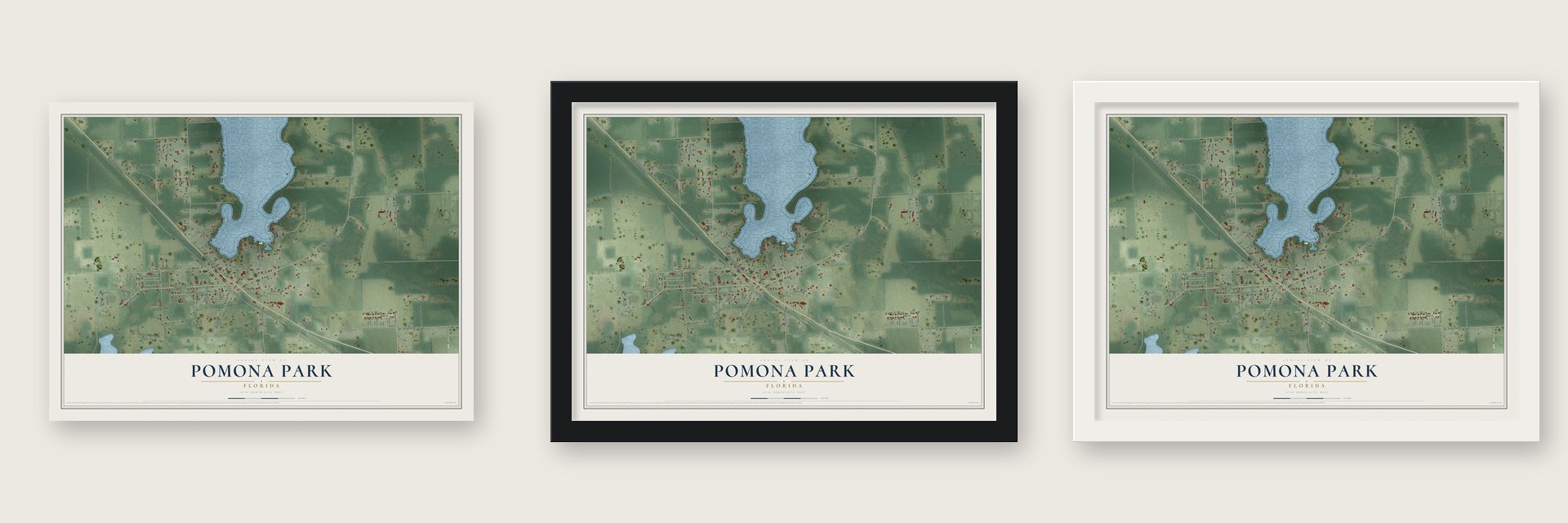 Pomona Park, Florida map unframed, in a black wood frame and in a white wood frame