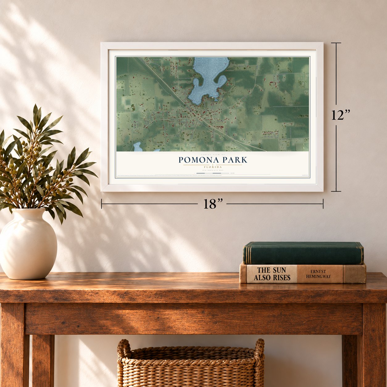 Pomona Park, Florida map, 12 x 18 inch print in a white frame in an entryway