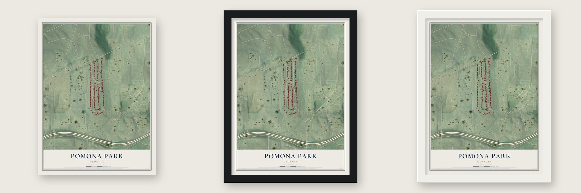Pomona Park, Georgia map unframed, in a black wood frame and in a white wood frame