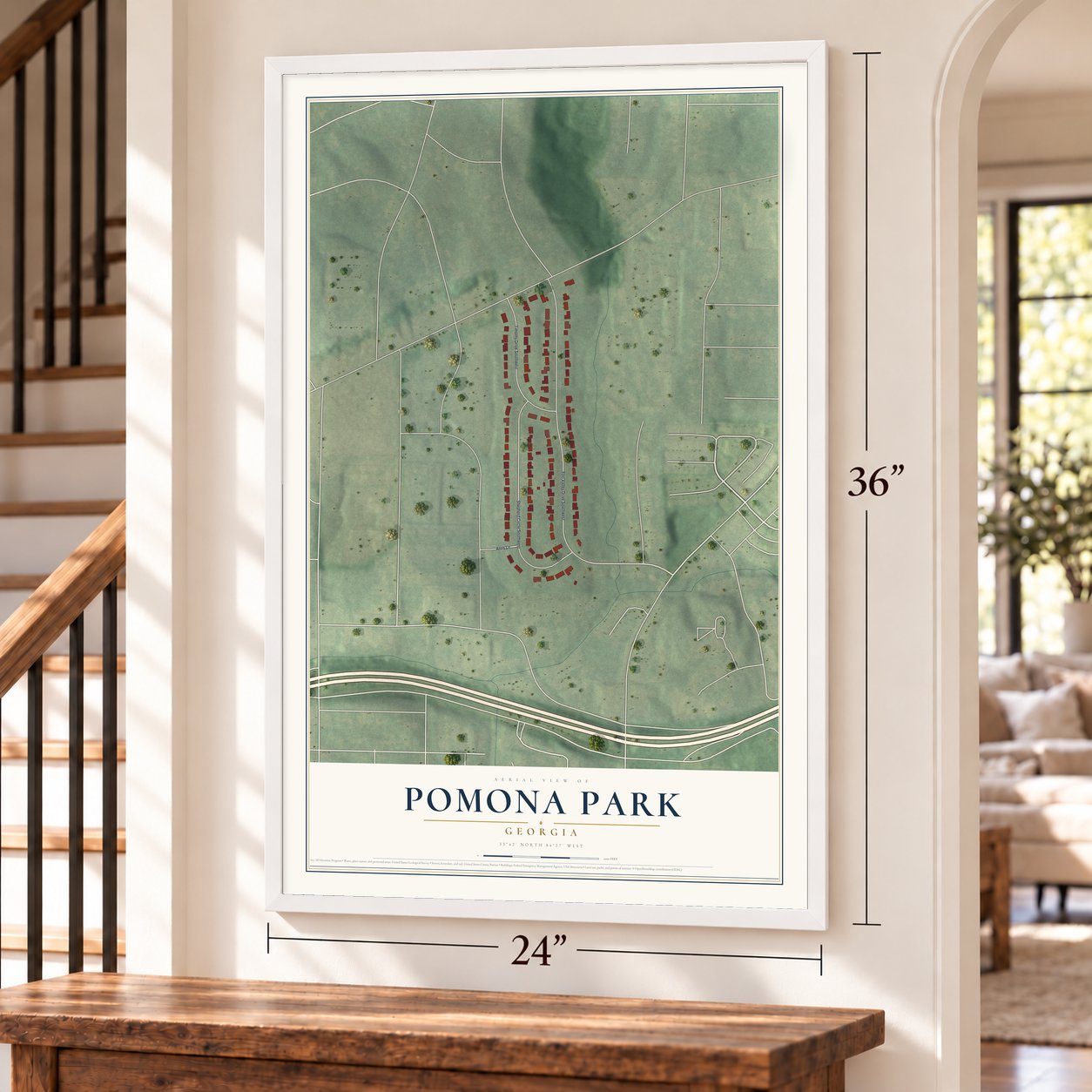 Pomona Park, Georgia map, 24 x 36 inch print in a white frame by a staircase