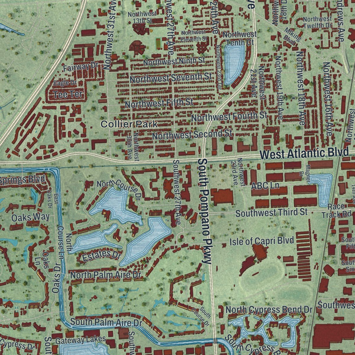 Second close-up of the map of Pompano Beach, Florida print showing more streets and buildings